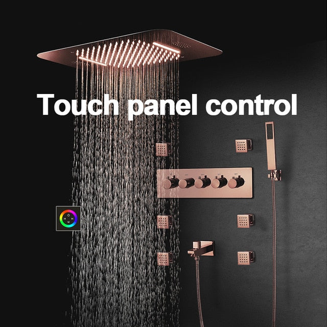 Rose Gold Polished Smart Shower WIFI Music LED Rain Head 23"x15" With Waterfall, Mist Spray and Thermostatic Hand Held Spray with 6 Body Jets Massage Sprayers shower kit