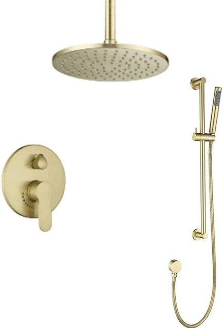 Brushed Gold - Round 12 Inch Rain Shower Head 2 Way Diverter Pressure Balance Shower Kit