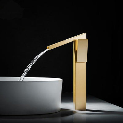 Brushed gold tall vessel modern waterfall bathroom faucet