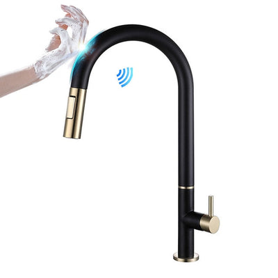 Black and Brushed Gold Two Tone Touchless Sensor Kitchen Faucet Pull Out Dual Sprayer