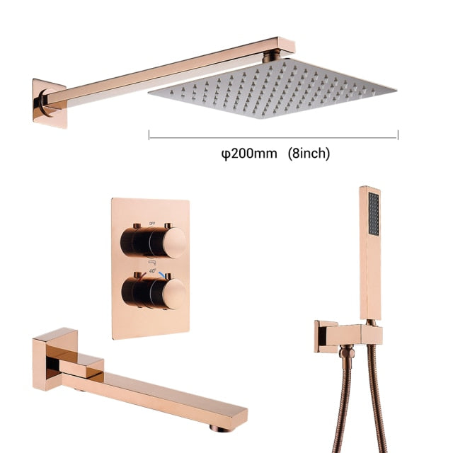 Rose gold polished square thermostatic 2-3 way function shower kit