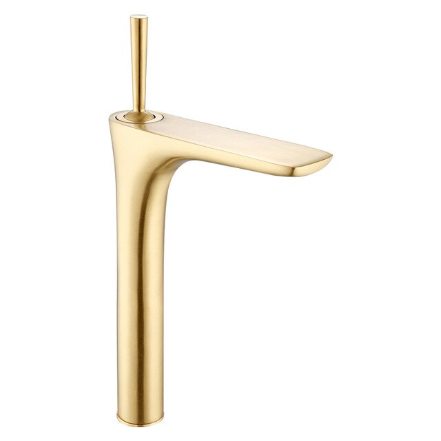 Brushed gold tall vessel sink faucet and short single hole bathroom faucet