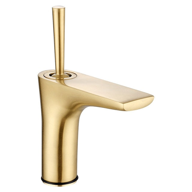 Brushed gold tall vessel sink faucet and short single hole bathroom faucet