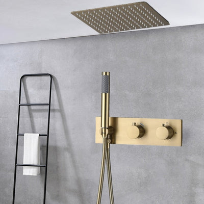 Brushed gold-Metal Grey 12"x12" Ceiling Flush Mount 2 Way Diverter Shower Kit
