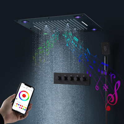 Black 24"x24" ceiling flush mount Bluetooth Smart LED 5 way function shower system