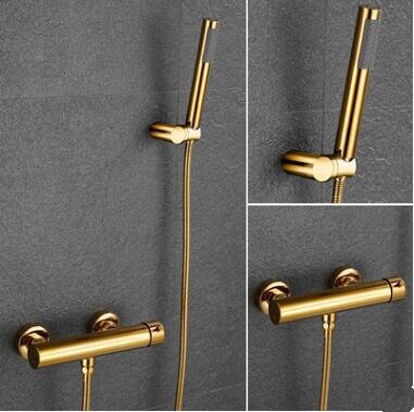 Gold polished exposed thermostatic shower with hand spray kit