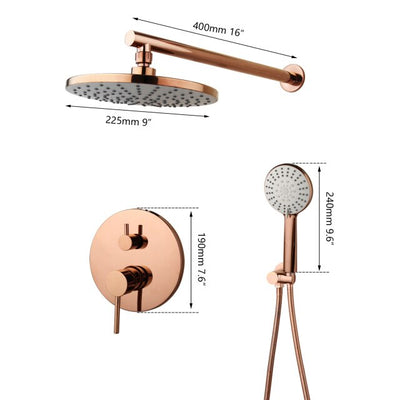Rose gold polished round rain head with 2 way function shower kit
