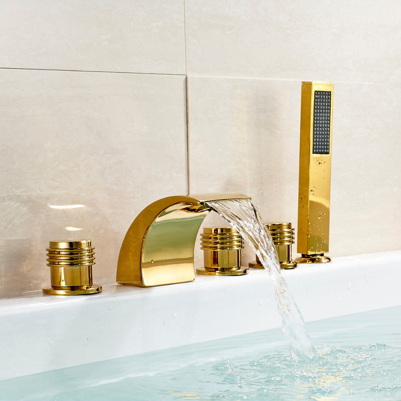 Gold polished 5 pieces deckmount bathtub filler faucet kit