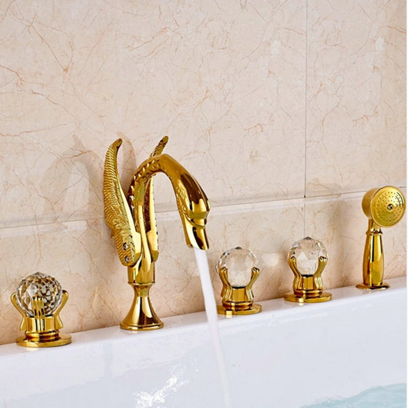 Swam Gold Deck Mount Bathtub Filler Faucet With Hand Held Sprayer Completed Set