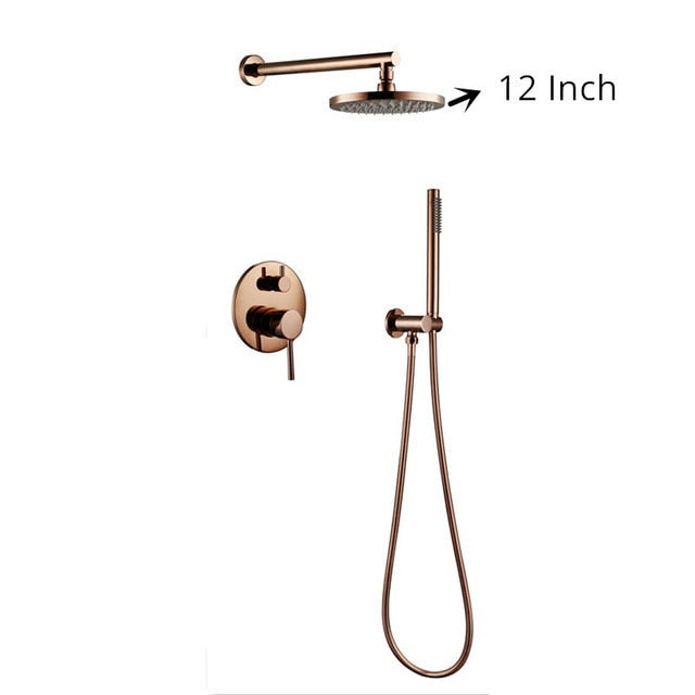 Rose Gold Brushed  Wall Mounted With 8-12 Inch Round Rain Head 2 Way Diverter Shower Kit