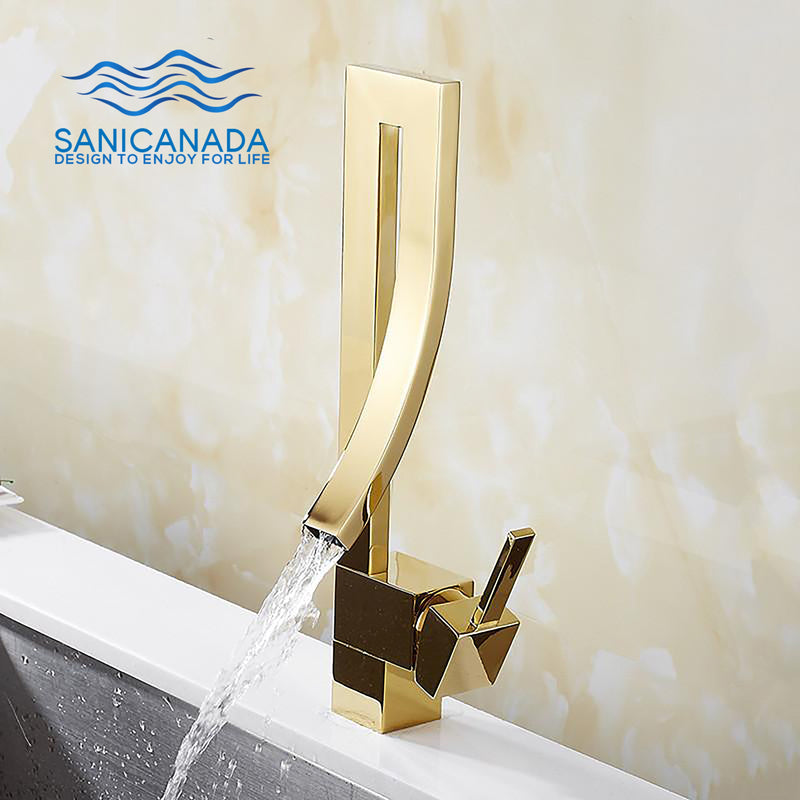 Gold polished single hole waterfall Bathroom faucet