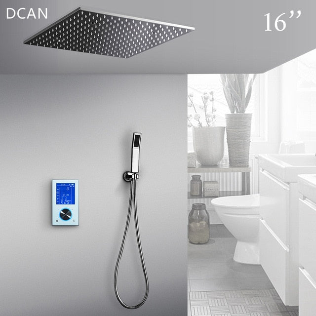 LED 20 Inch Ceiling Mount Rain and Mist Shower Head 2 Way Mixer Valve LCD Display Thermostatic Shower Kit